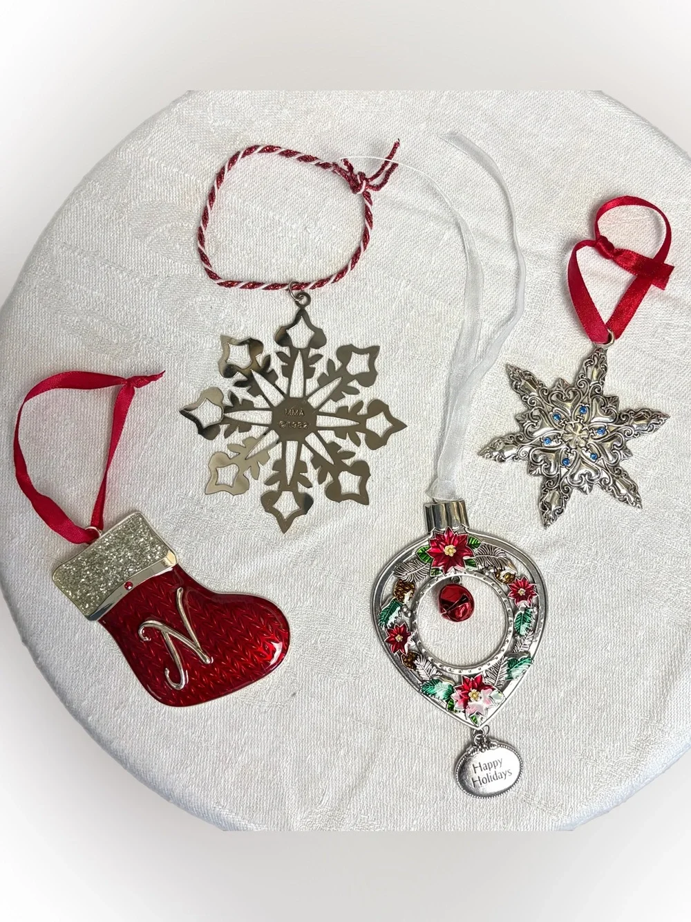 MMA, Harvey Lewis, Regent Square Ornaments 4 silver/crystal, VTG, ribbon, EUC